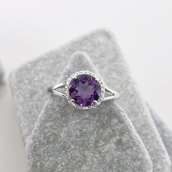 Amethyst and Diamond Halo Ring