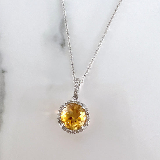 14k White Gold Citrine + Diamond Halo Necklace